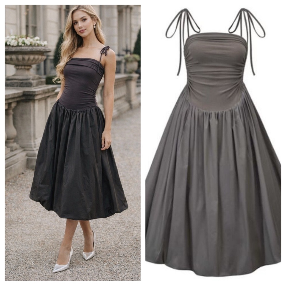 Amy Lynn Alexa Dark Gray Puffball Midi Dress Size Medium 23750 - Picture 1 of 14